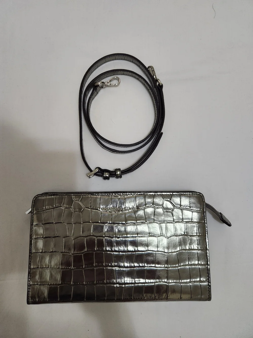 Michael Kors  Silver Metallic Crocodile Embossed Leather Crossbody Bag
